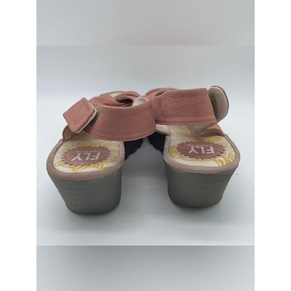 FLY LONDON Yata Pink Nubuck Suede Wedge Sling Back Peep Toe Sandals size 40